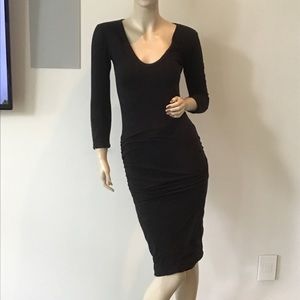 Standard James Perse Black 3/4 sleeve V Neck Bodycon Stretch Midi Dress 1 S